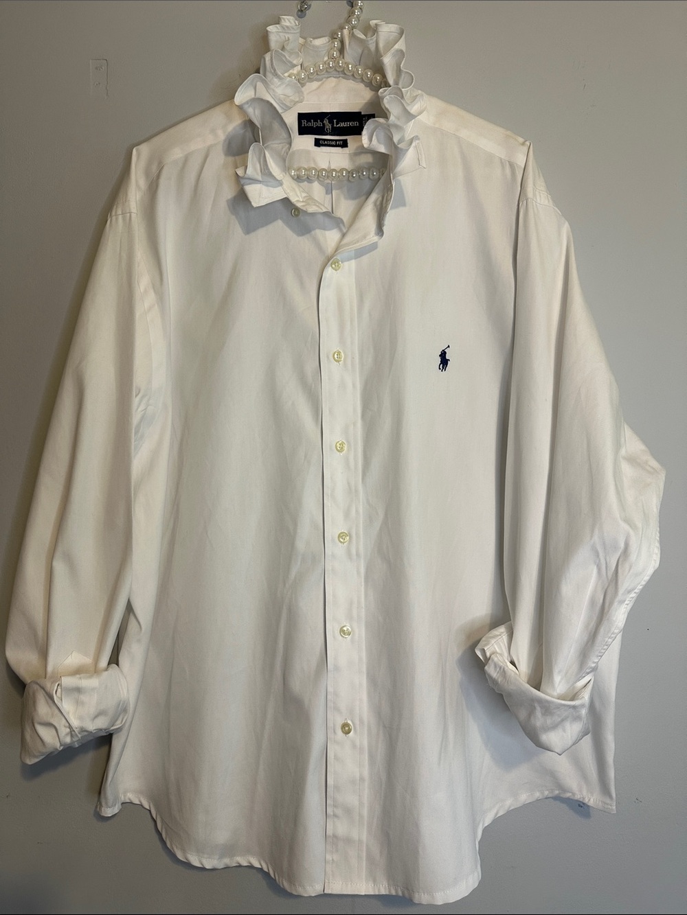 Ralph Lauren White Ruffled collar Shirt with Navy Pony